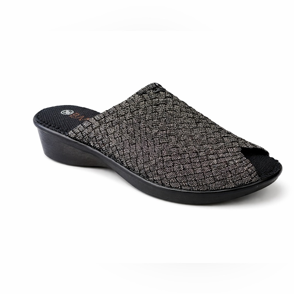 Bernie Mev Cyrene Black Shimmer Woven Mule Slide Wedge Comfort Shoe NIB